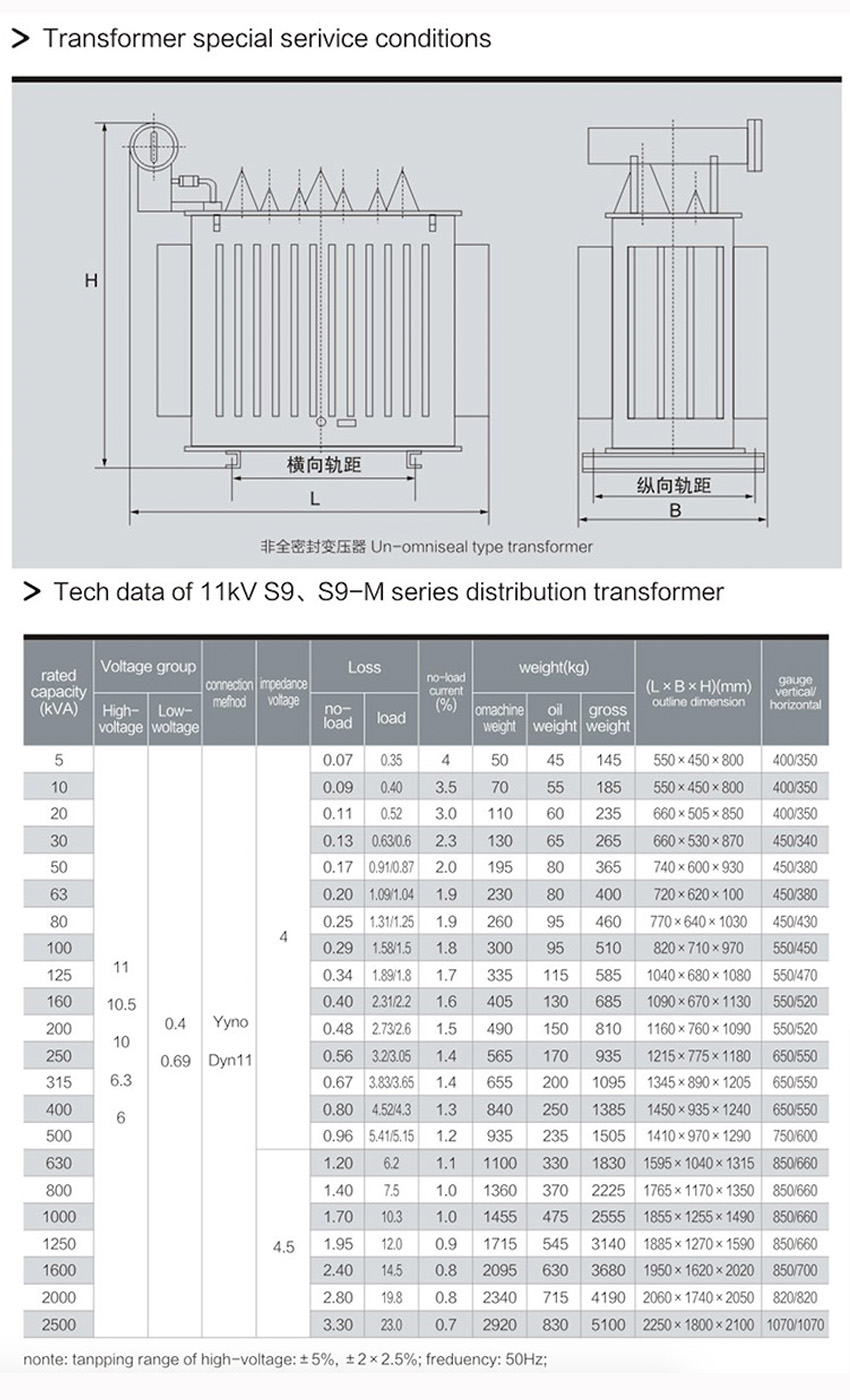 11kV S9,S9-M Oil Immersed Distribution Transformer